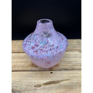 Vintage LORETTA EBY Studio Art Blown Glass Soft Pink Confetti Vase 5” Signed